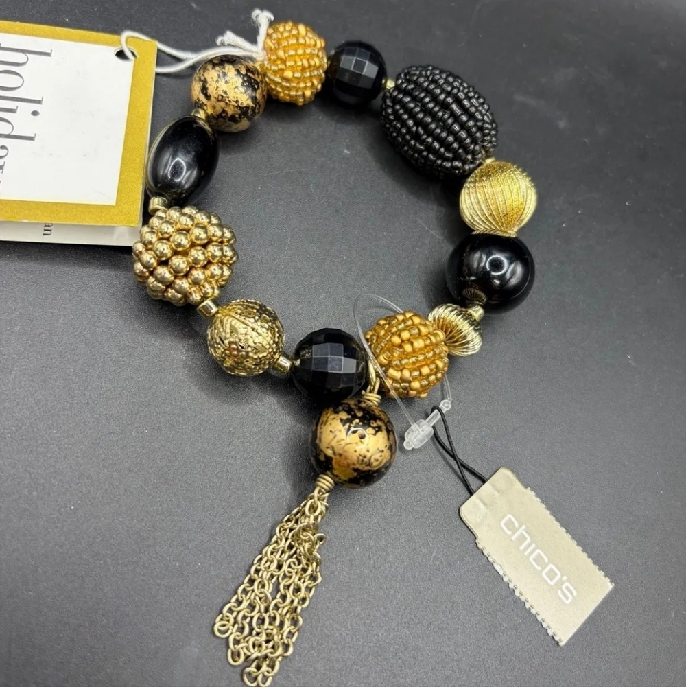 NWT - Chico's Elegant Gold & Black Bracelet With Chain Tassel